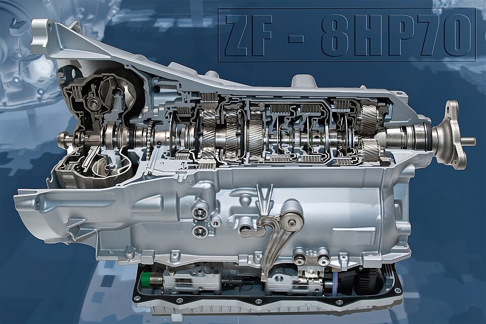 Cutaway of a ZF 8HP eight-speed automatic transmission, the basis of the Chrysler TorqueFlite 8